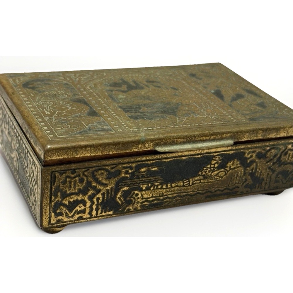 Antique Ornate Embossed Brass Jewelry Box Art Nouveau Trinket Old Music Box VTG